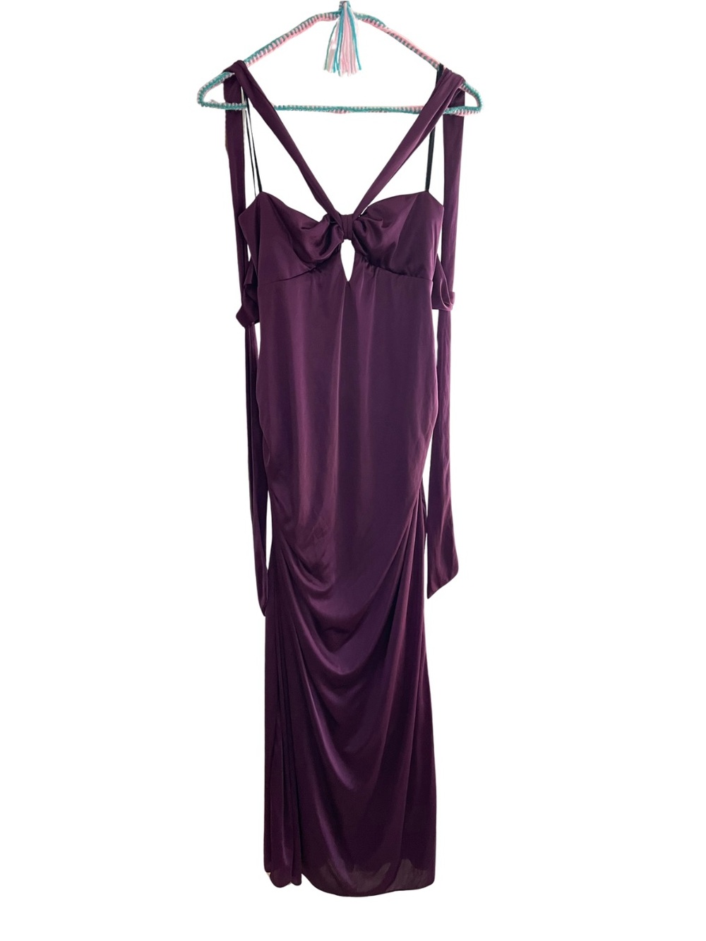 Vintage Majora XL Backless Satin Maxi Dress with Tie-Back in Plum Ruching